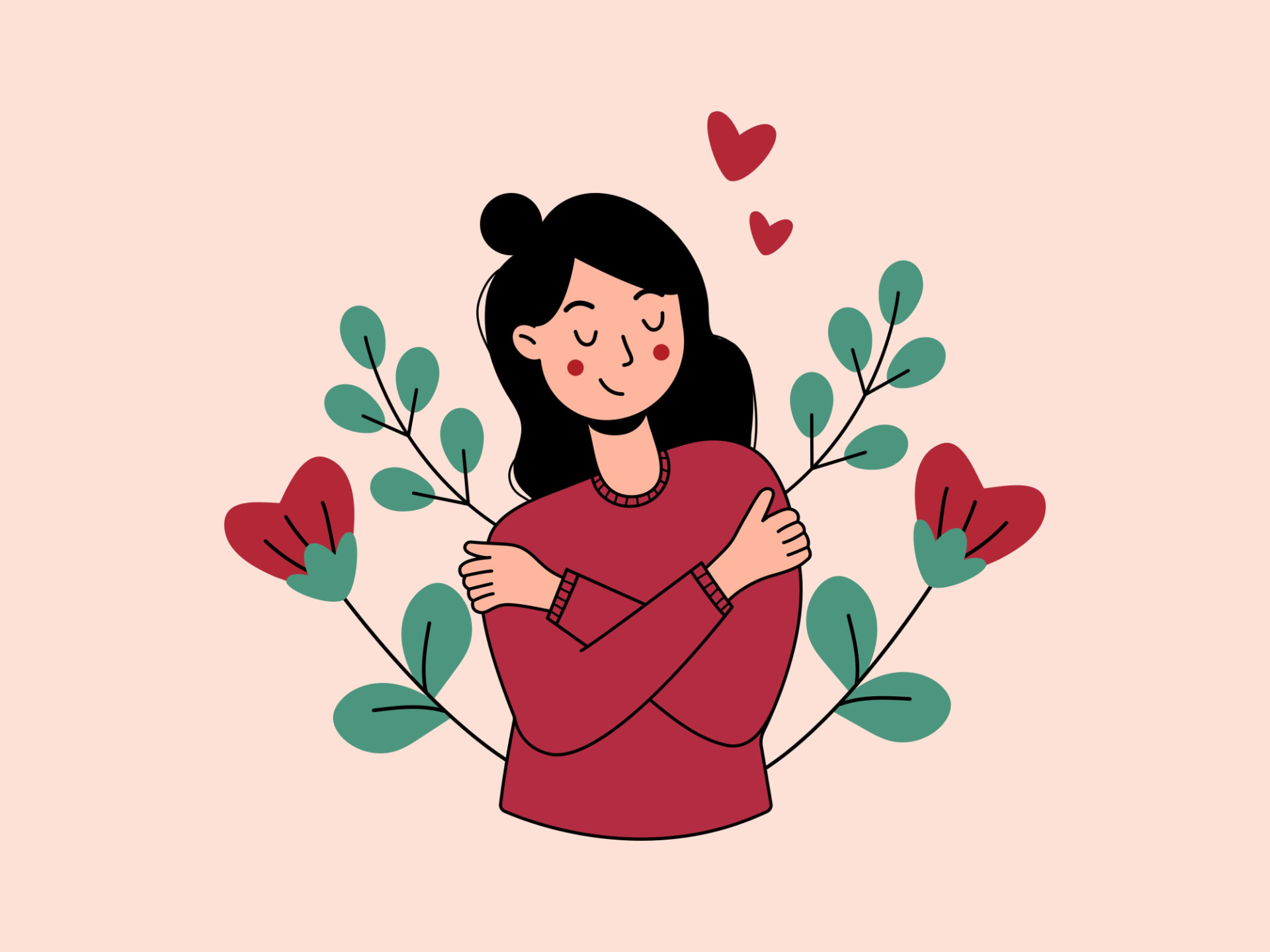 Illustration of a young person in a red sweater hugging themselves, eyes closed and smiling, framed by leafy branches